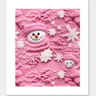 Cute Pink Snowmen Retro Chrismas Snowflakes Knitted Pattern Posters and Art